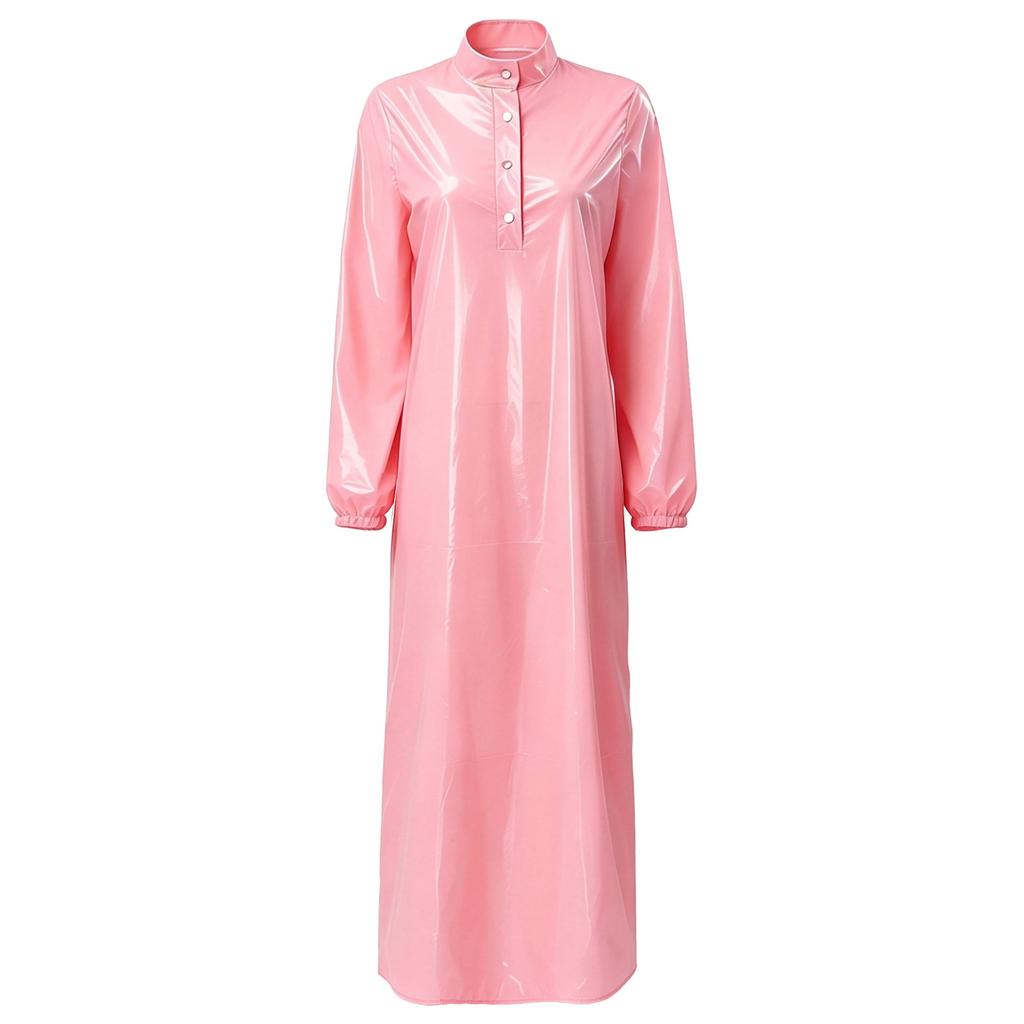 Knopfleiste Stehkragen Langarm Vinyl Überwurf Kleid Wasserdicht Nachtwäsche Badebekleidung Clubwear für Damen Rave Party