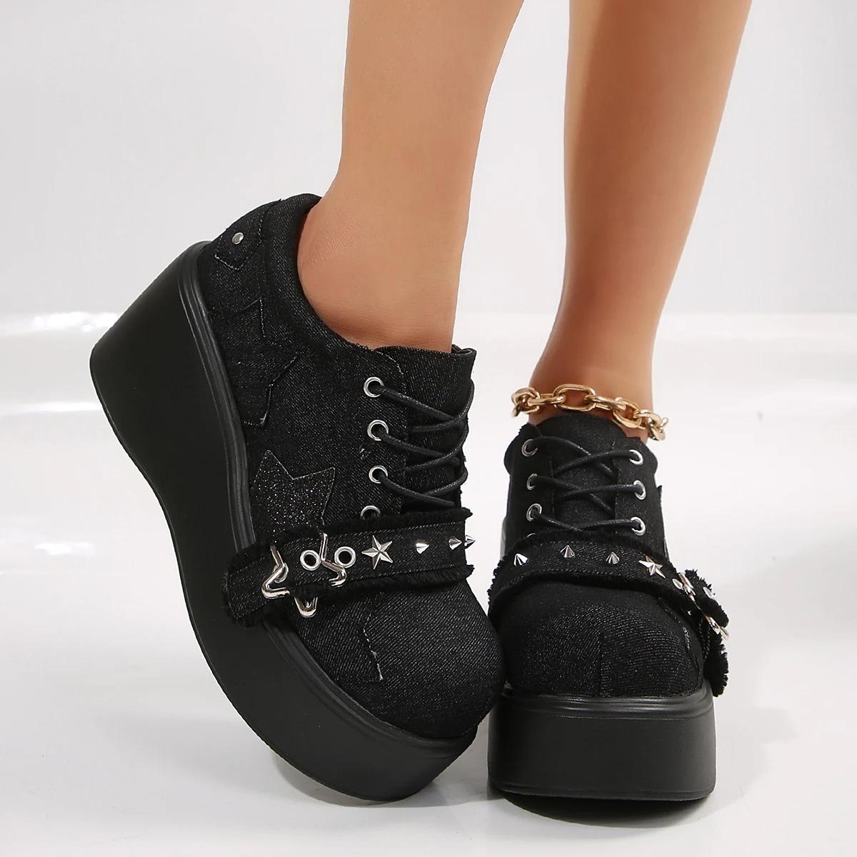 

Модная женская парусиновая обувь на платформе, джинсовая обувь для женщин, черная обувь в стиле готической лолиты, панк-дизайнерские ботинки, кроссовки, zapatos de mujer 35 чёрный