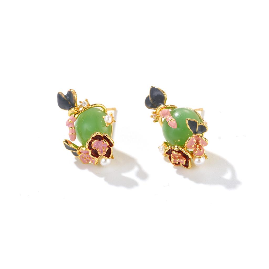 New Chinese enamel drop glaze flower earrings imitation jade high-end sense niche ear jewelry national style temperament versatile earrings