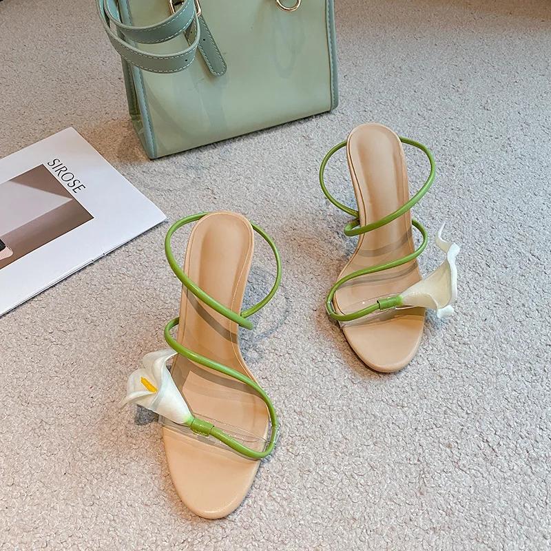 Luxury Flower Calla Lily Summer Vacation Stiletto Thin Heel High Heels Sandals Shoes for Women