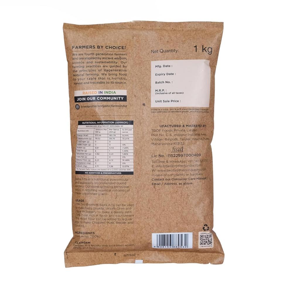 Two Brothers Organic Farms Bajra Atta 1kg Stone Ground Gluten Free Pearl Millet Flour for Healthy Fiber Rotis Pack of 1