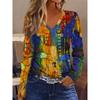 Elegant Holiday Abstract Painting Color Block Splicing V-neck Long-sleeved T-shirt