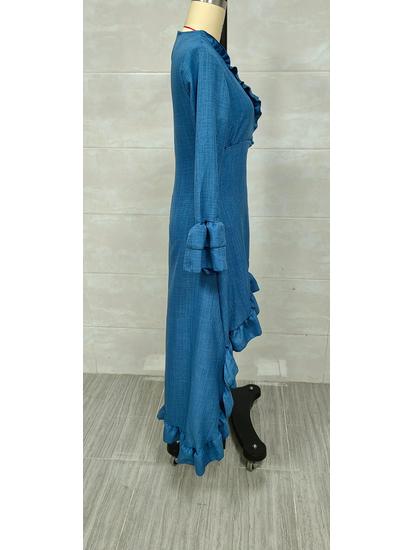 Women's Bohemian Pleated Ruffle Hem V-Neck Maxi Dress