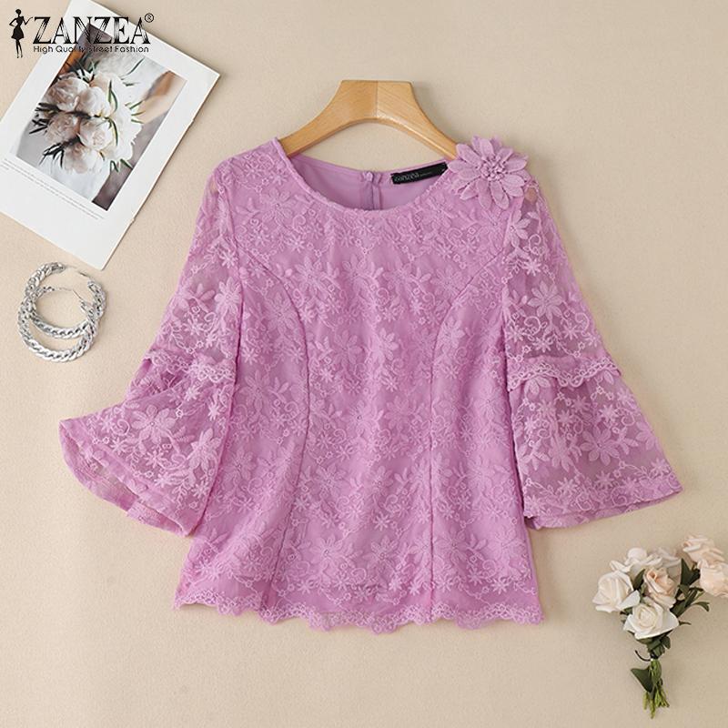 ZANZEA Kvinner Casual Rund Hals Halv Erme Bluse med Blonde Patchwork