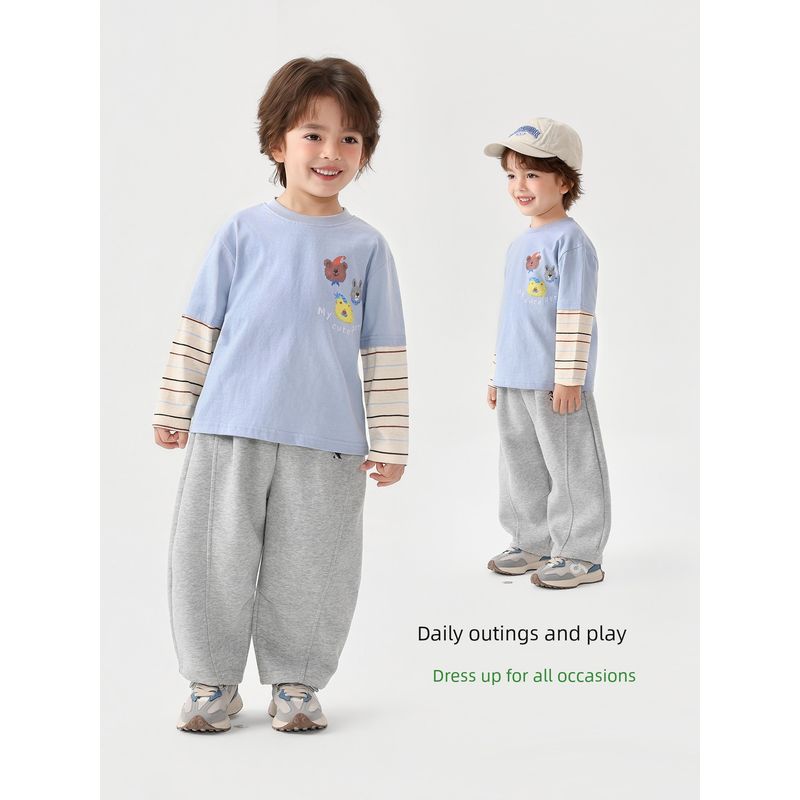 Right European Style Boys' Cartoon Fake Two-Piece Long-Sleeve T-Shirt Children's Spring Top 2026 New Children's Clothing Baby Base Shirt