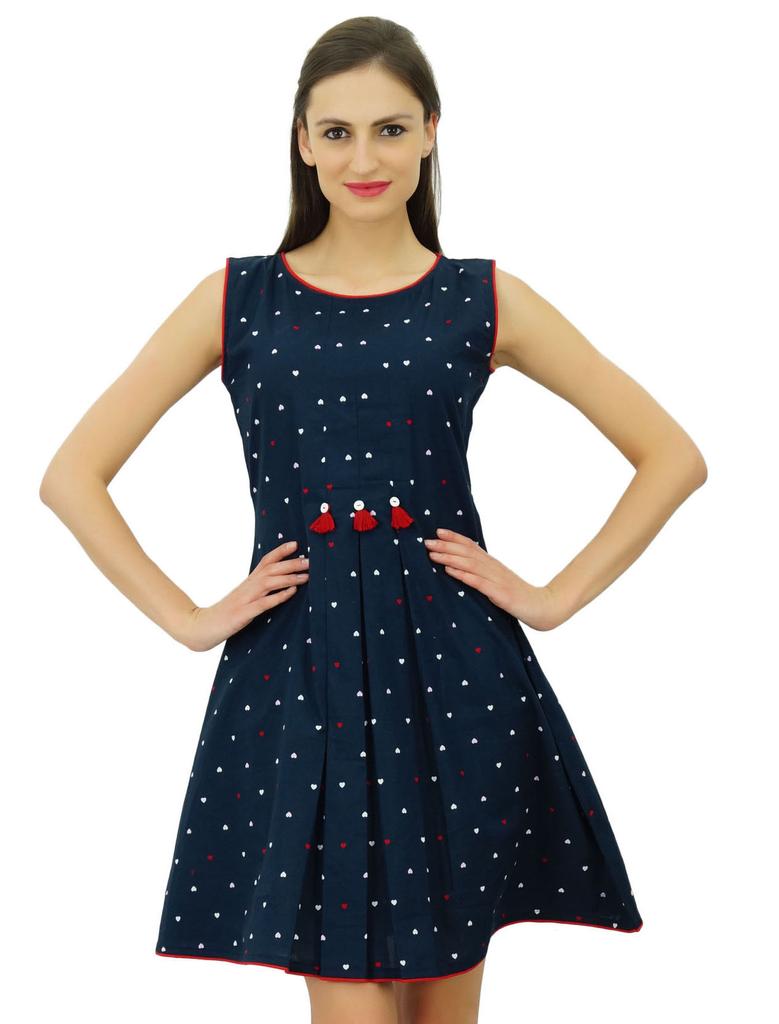 Bimba Navy Blue Pleated Cotton Dress Chic Casual Midi Sleeveless Summer