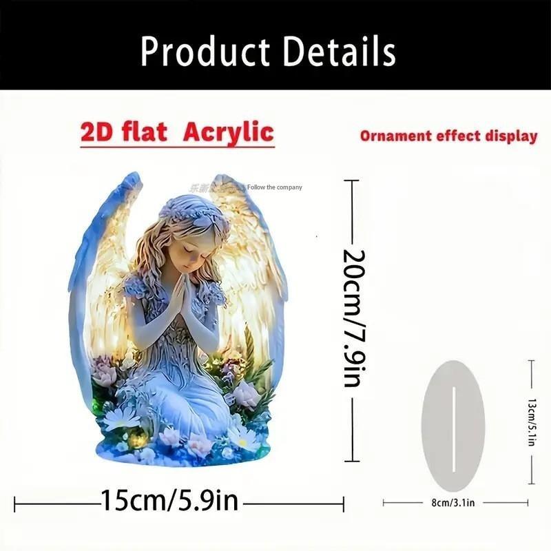 2D Flat Praying Angel Acrylic Sign, Floral Angel Figurine Table Ornament, Home Desktop Decorative Gift