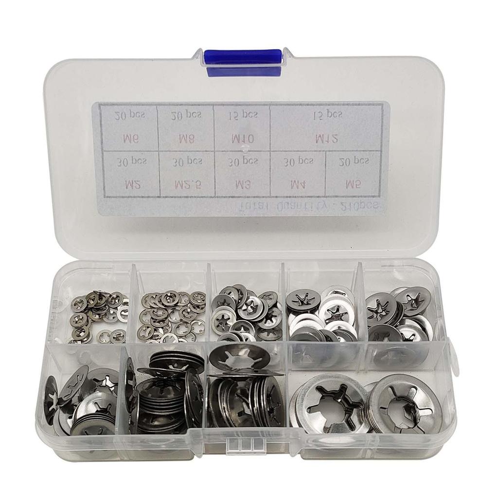210pcs 304 Stainless Steel Retaining Rings & Belleville Washers Set (M2-M12) with Tweezers