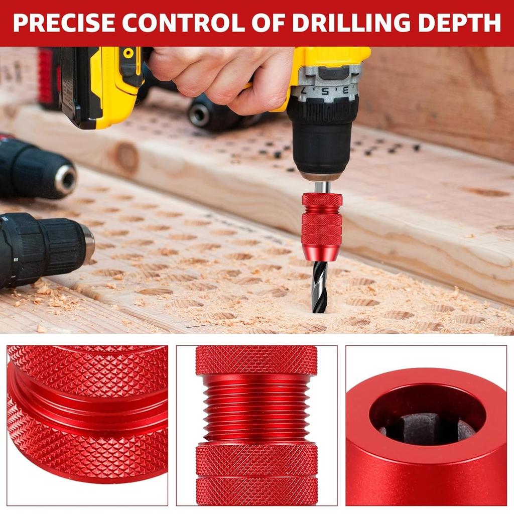 2Pcs Drill Depth Stop Set Aluminum Alloy Drill Stop Precise Drill Size Range 5/64-3/16 15/64-7/16 for Furniture Tile Metal Wood