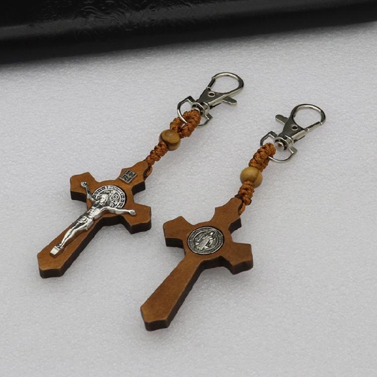 Wooden Crosses Keychain Christian Faith Metal Keyring Bag Charm Accessory Key Holder Pendant Ornament Religious Gift