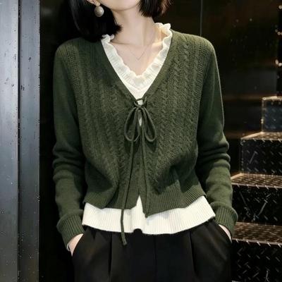 ZOSOUL Retro V-Neck Faux Two-Piece Knit Sweater