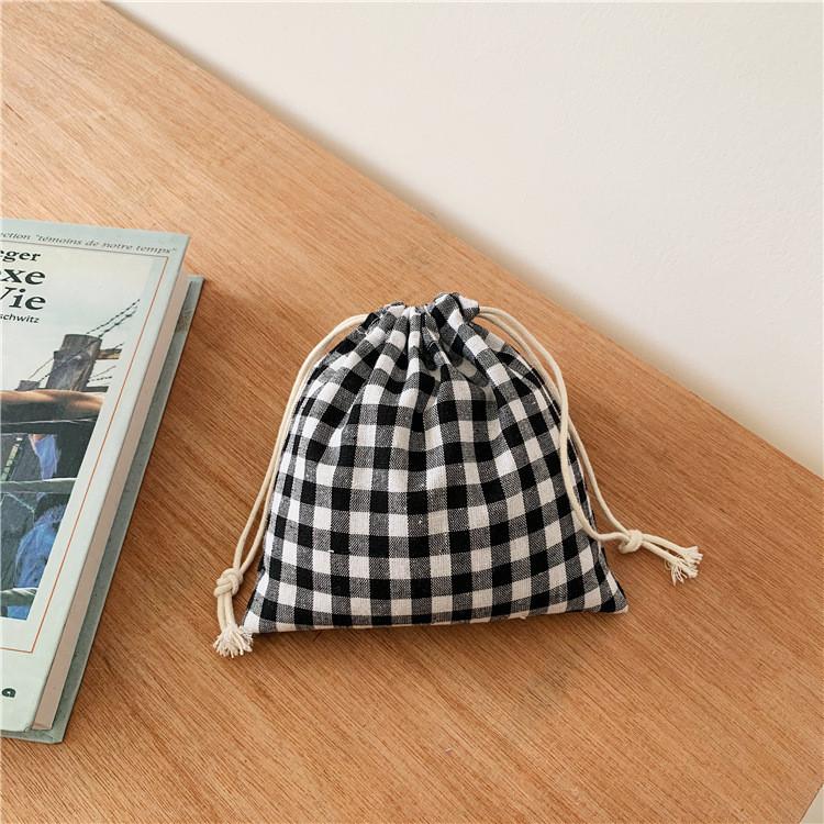 Pink Plaid Small Fresh Sweet Style Drawstring Cotton Linen Candy Tea Bag Wholesale чёрный