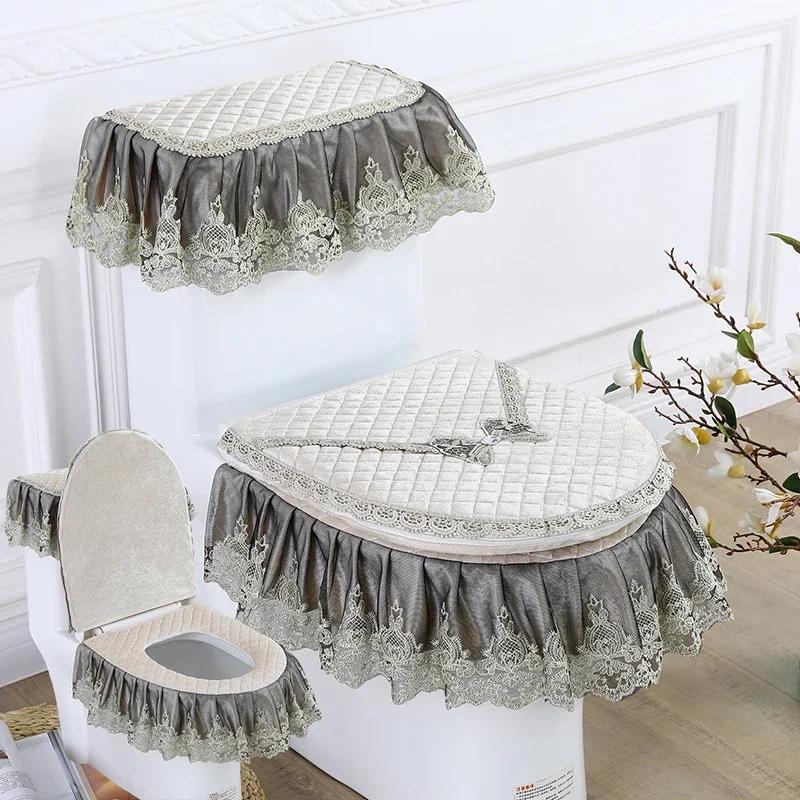 3PCS Velvet Skirt Style Toilet Mat Embroidered Lace Decorated Toilet Seat Mat Printed Dust Cover of Toilet Closestool