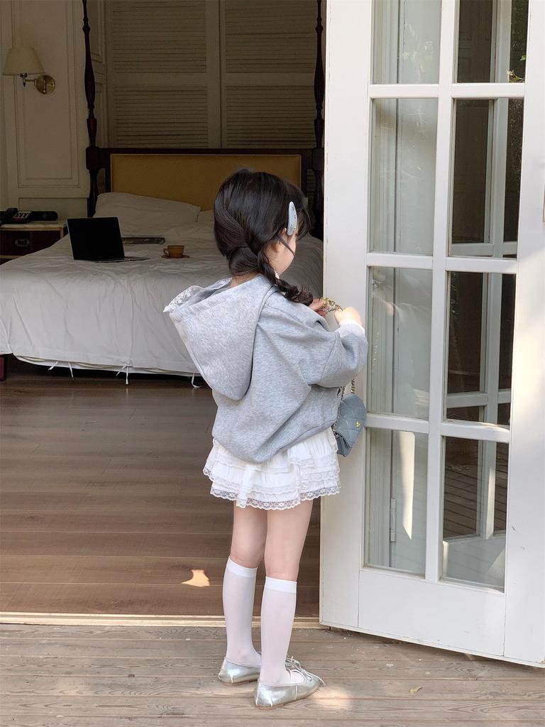 Girls' Hooded Bowknot Sweatshirt & Lace Trim Skirt Set - Spring/Autumn 2026 Collection
