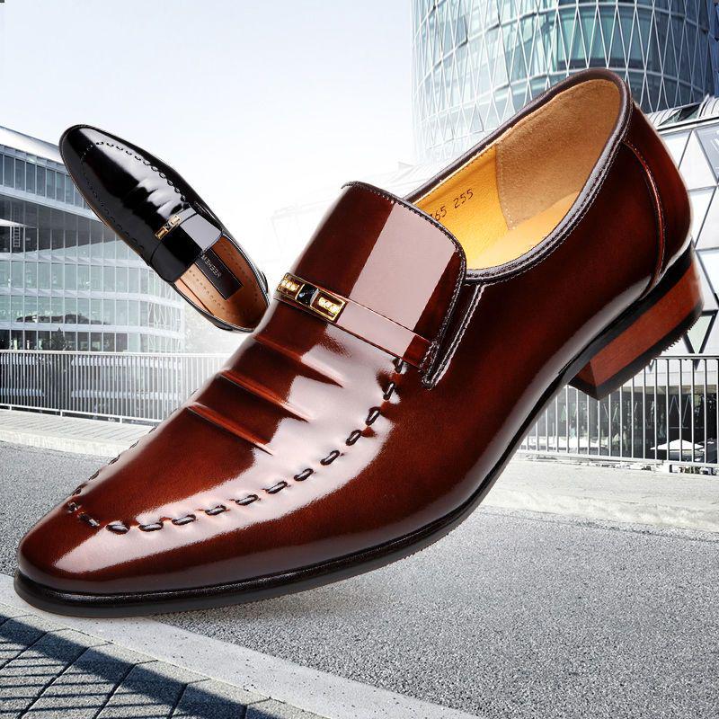 Men's Patent Leather Formal Shoes - Shiny Cowhide Pointed Toe Wedding Dress Shoes