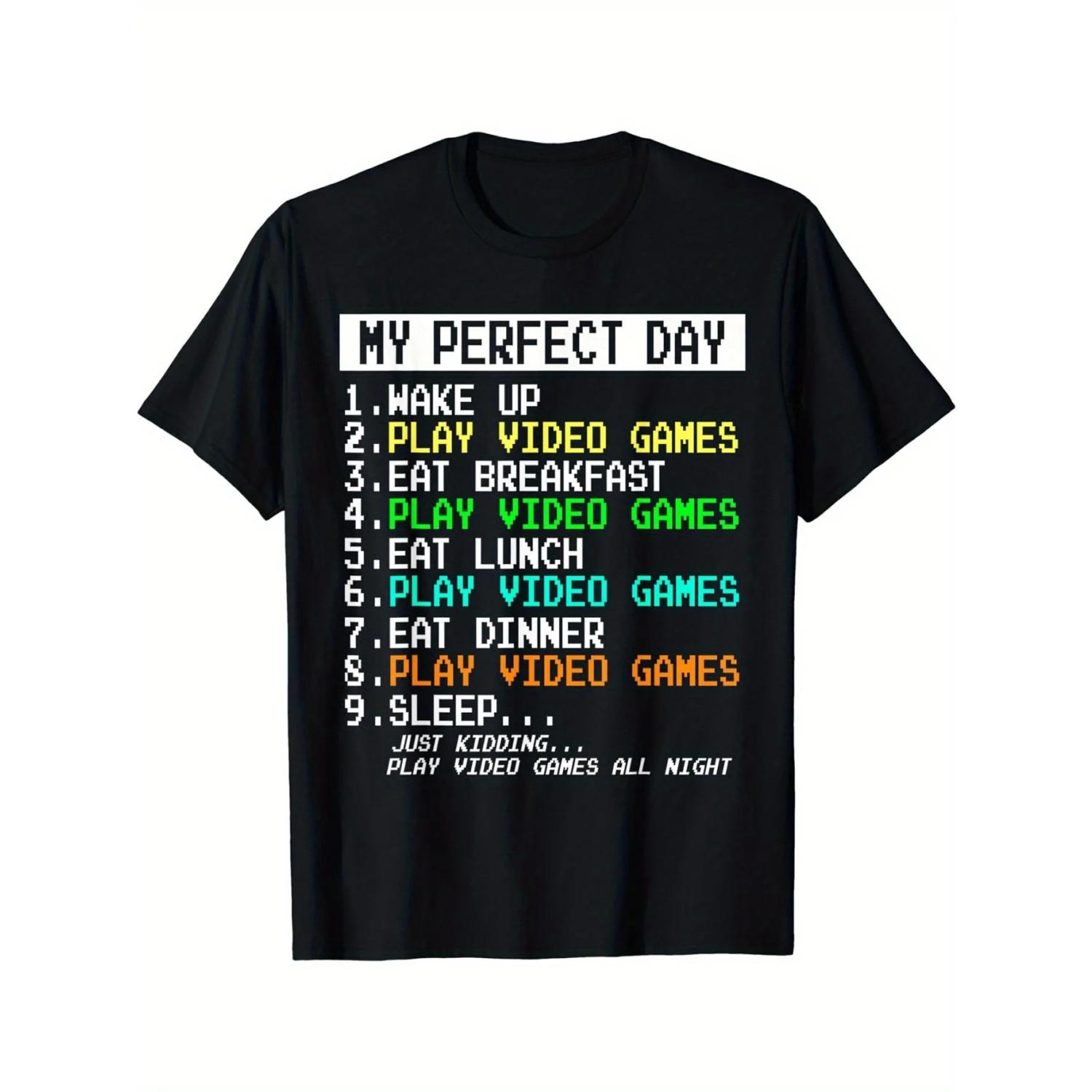 

My Ideal Day_ Playing Games, Enjoying Life, Men s Clothing Printed T-shirt Suitable for All Seasons, Casual Style XXXXXL чорний