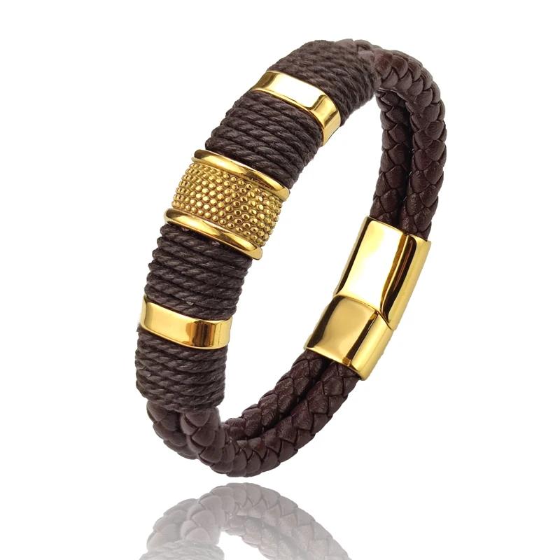Luxury Vintage Brown Leather Men Bracelet Stainless Steel Bead Wrist Bangle Christmas Gifts for Him