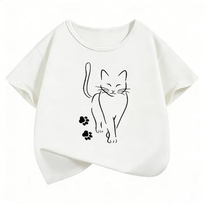 Cute Cat with Paw Kids Tshirts Summer Short Sleeve Tees Cartoon Boys Girls Clothes Kawaii Kitten Tops Y2K Children T-shirt