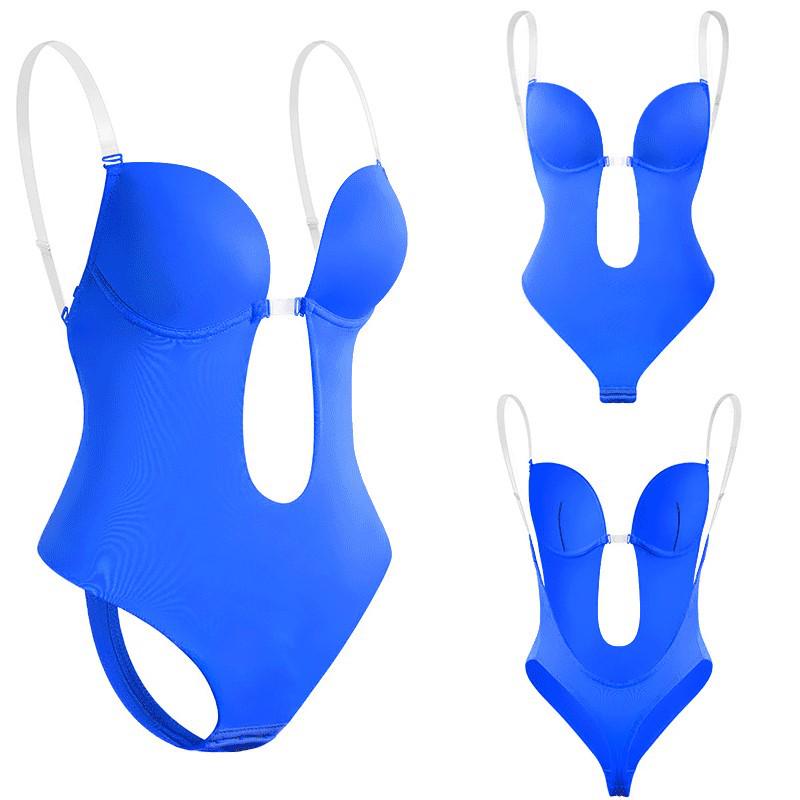 

Women s Deep V-Neck Shapewear Bodysuit with Open Back, U-Low Waist Thong, Transparent Straps & Push-Up Bra XXXL