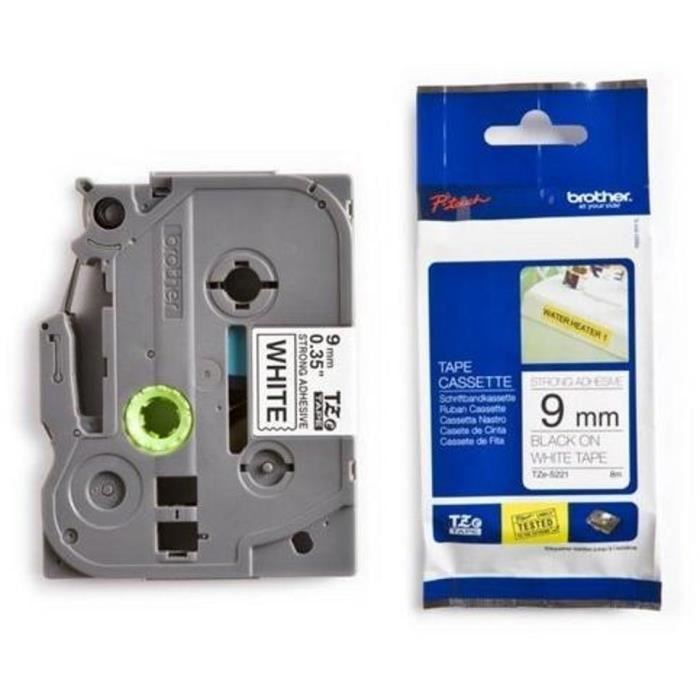 Ruban laminé BROTHER P-TOUCH TZE-S221 - Noir / Blanc - 9mm - Adhésif extra fort