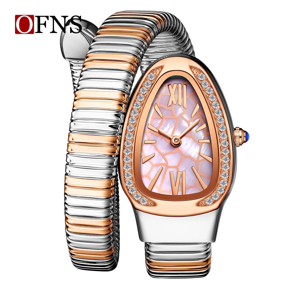 Snake-Shaped Women s Diamond Quartz Watch - Luxury, Lightweight, Mother-of-Pearl, Waterproof