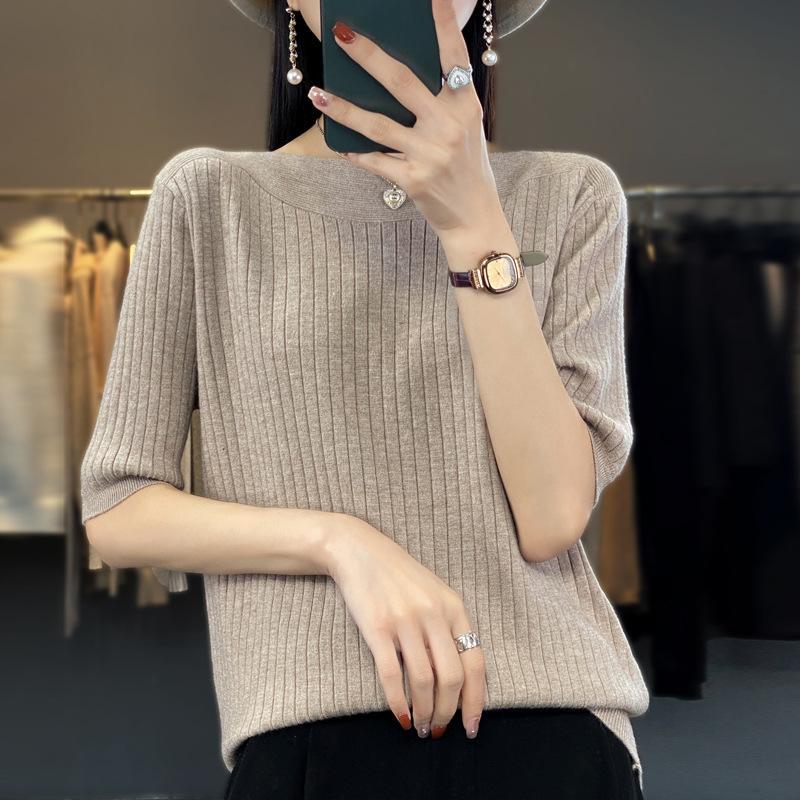 Five Quarter Sleeve Knitted Sweater for Women Solid Color Loose Sweater Casual Base Shirt French Style Mid Sleeve Sweater for Autumn