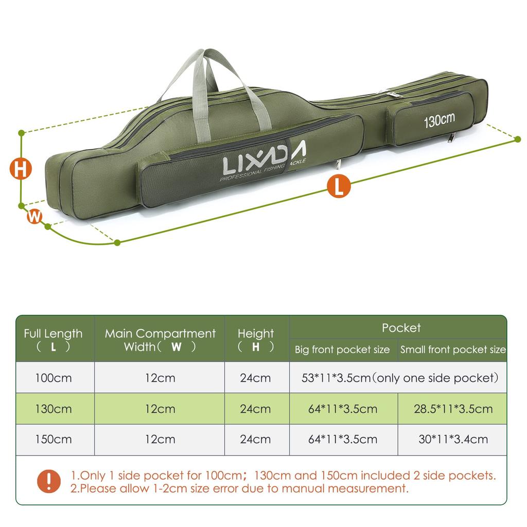 Lixada 130cm Portable Foldable Fishing Rod Case, Fishing Rod and Reel Storage Bag, Fishing Gear Organizer, Rod Case