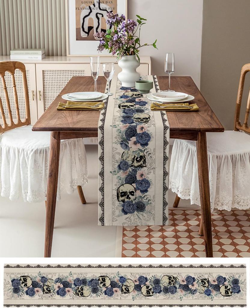 Halloween Goth Style Skulls Flowers Linen Table Runner Dresser Scarves Farmhouse Kitchen Dining Table Runner Party Decorations
