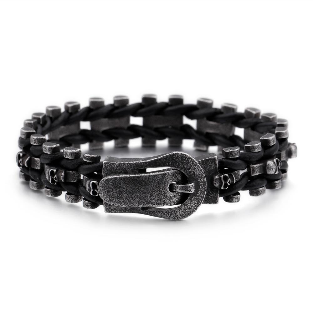 KALEN Charm Mens Skull Jewelry Leather Rope Braided Bracelet Handmade Stainless Steel Black Matte Punk Bracelets for Men 22.5cm&Punk