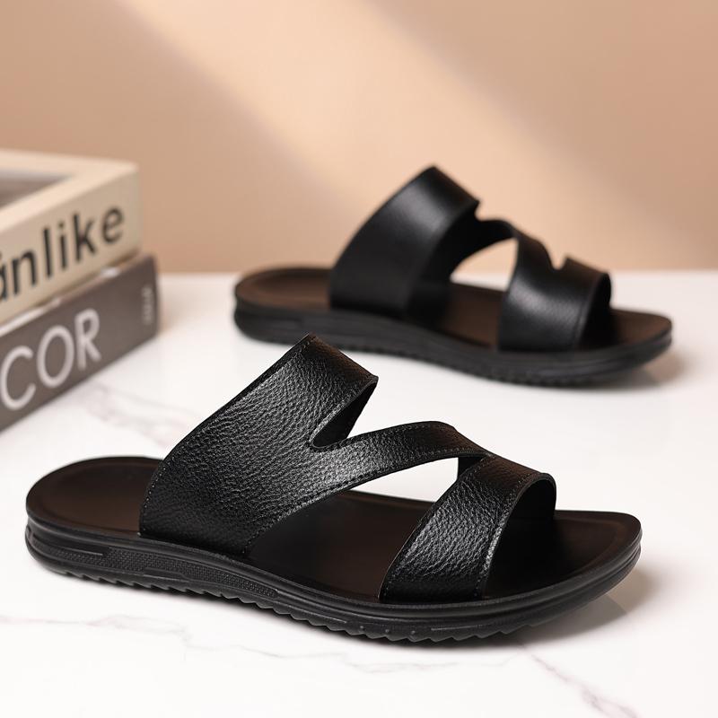 Fashion All-match Summer Men's Slides Simple Man Casual Leather Beach Shoe Non-slip Casual Slippers Outdoor Sandalias Garden Half Drag