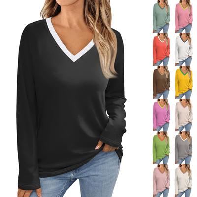 Womens Long Sleeve Tops V Neck Shirts Casual Print Basic Trendy Tee Blouses Fall Tunic Outfits Fitted T Shirts