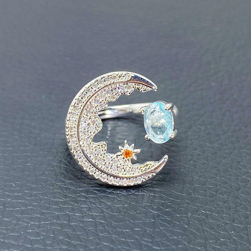 Micro-Inlaid Zircon Moon Star Colored Treasure Open Ring Niche Temperament Light Luxury High-End Butterfly Flower Ring Woman