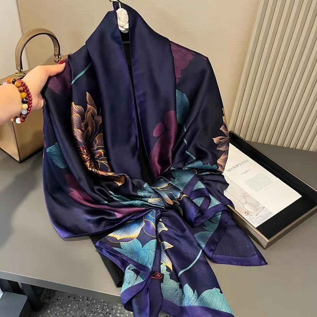 Elegant Women' Large Silk Scarf As a Gift 180x90 Black Beige