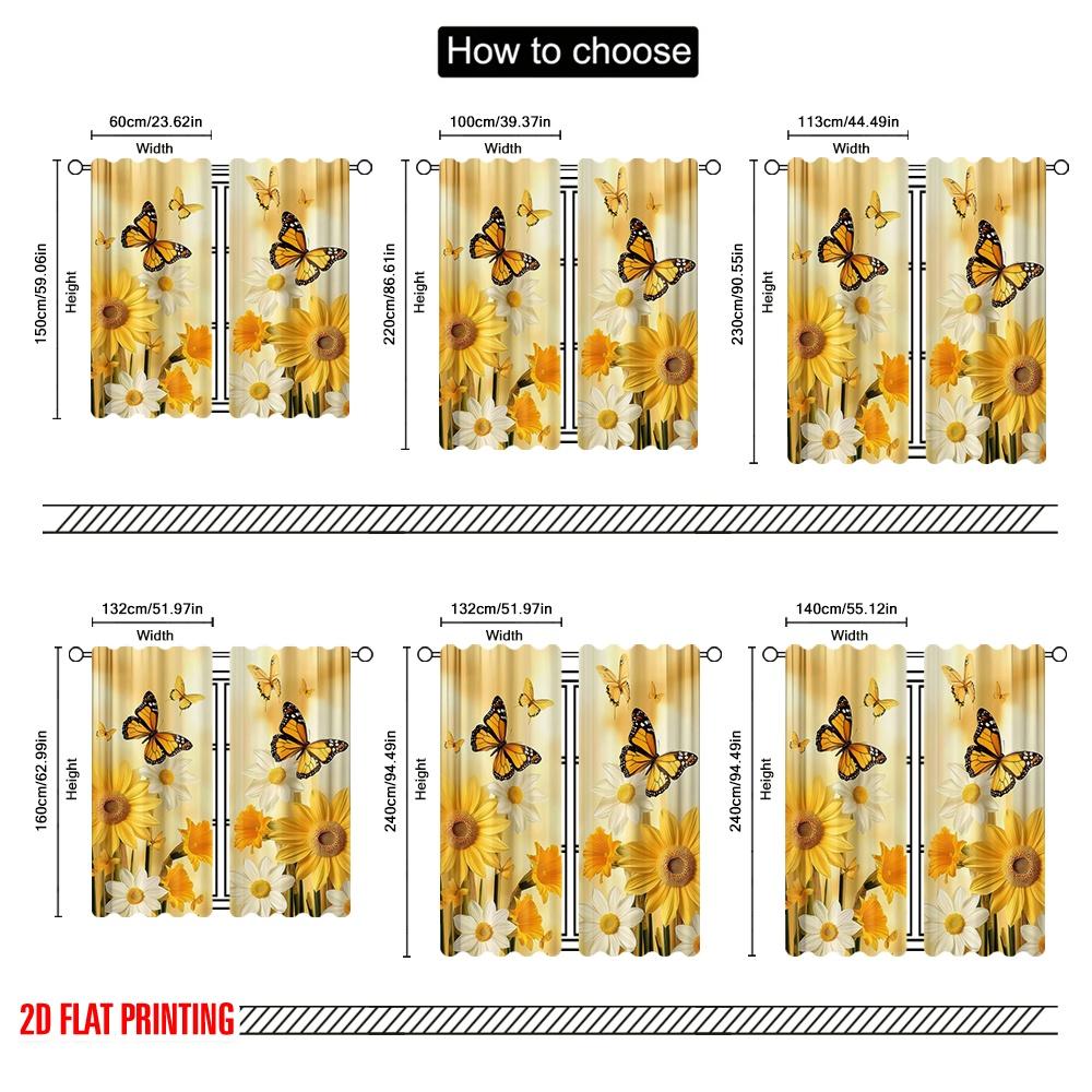 2D Flat Printing 2pcs Yellow Flower Butterfly Print Curtains Polyester For Living Room Kitchen And Dining Area Decor Privacy
