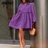 JPNTKY Women's Fashion Autumn Winter Solid Color Print V-Neck Long Sleeve Casual Dresses