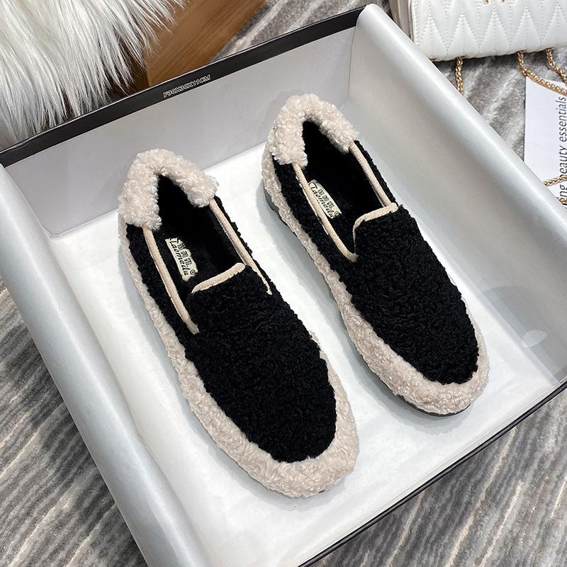 Mixed Color Lambfur Flat Shoes Woman Thicken Padded Warm Plush Winter Loafers Round Toe Anti -Slip Rubber Flats Furry Espadrilles