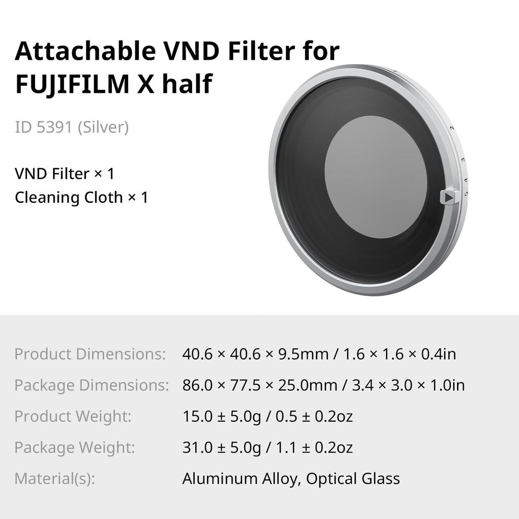 SmallRig Magnetic VND Filter for Fujifilm Precision Stepless Optical Waterproof and No 5391 ND2-ND32 X-Half, Adjustment, 1-5 Stops, Glass,