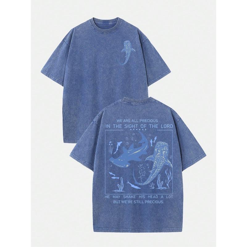 

The Whale Shark Vintage-Style Loose-Fit Printed T-Shirt Features a Distressed Design, Men S Short-Sleeve Model, And Is Made of Washed Material 5XL