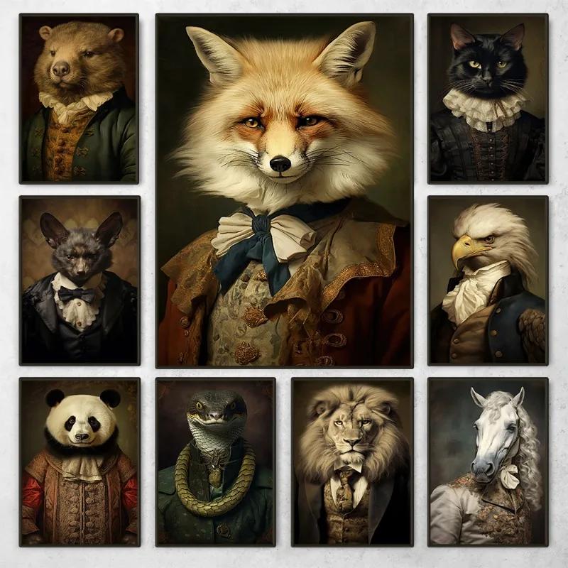 Retro Renaissance Animal Portrait Poster Fox Black Cat Lion Owl Royal Pet Canvas Painting Funny Wall Art Living Room Home Decor