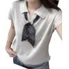 Korean Style Oatmeal Short Sleeve Top for Women with Detachable Silk Scarf - Chic Old Money Summer Fashion