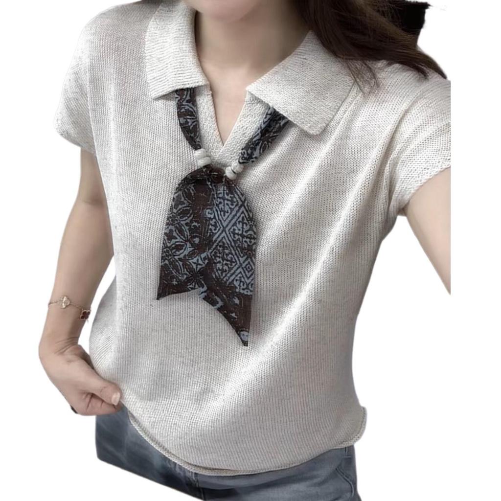 Korean Style Oatmeal Short Sleeve Top for Women with Detachable Silk Scarf - Chic Old Money Summer Fashion