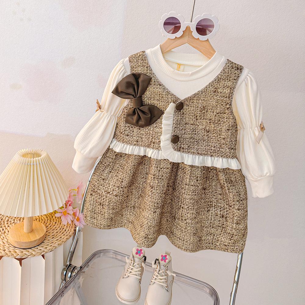 Autumn Sweet Bow Baby Girl Dress Simple Checkered Long Sleeved Children'S Clothing Suitable Babies