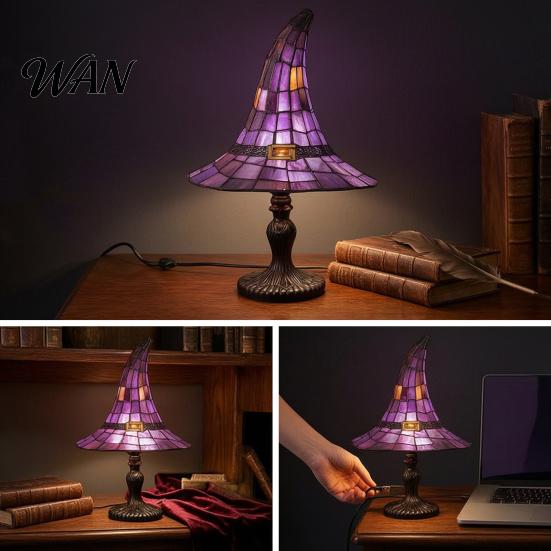 Retro Gothic Lighting Stained Glass Witch Hat Lamp, USB Powered Resin Night Light, Colored Lampshade Halloween Table Lamp for Bedroom Bookshelf Mantel