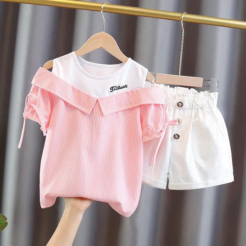 Girls Summer Fresh Suit Striped Strapless Short Sleeve Tops + Shorts 2 Piece Set