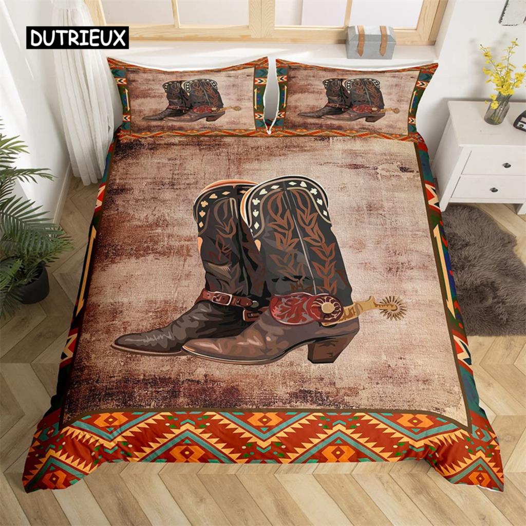 Exotic Farmhouse Western Cowboy Duvet Cover Set Twin King  Floral Bedding Set Cowhide Patchwork Comforter Cover Bedroom Decor