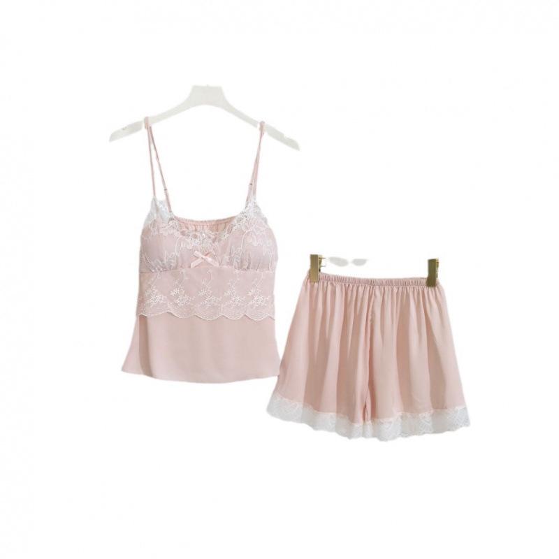 2025 Summer Pure Desire Satin Pajamas Set: Women's Spaghetti Strap Top with Chest Pads and Shorts.