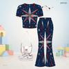 Girls White Round Neck Short Sleeve Star Printed Top Flared Pants Two Piece Set