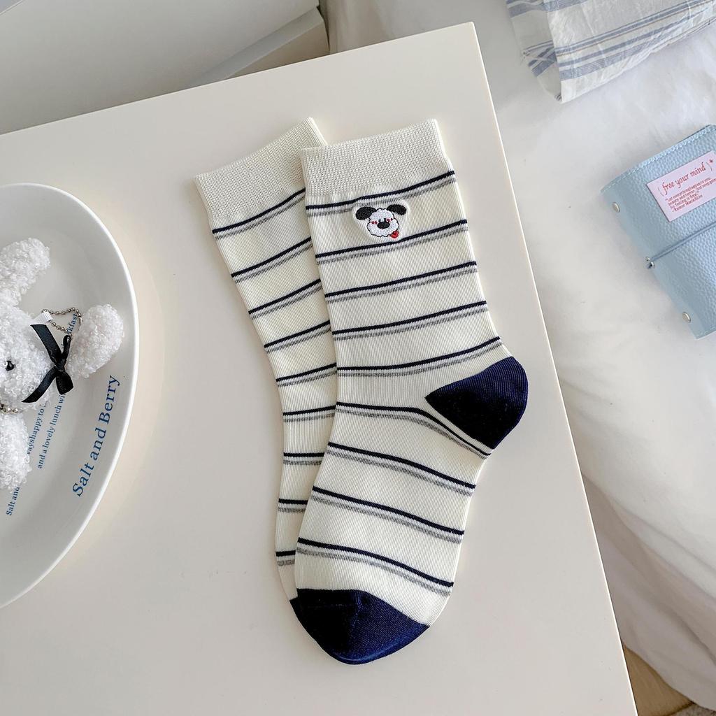 Socks Girls Autumn Cute Dog Healing Striped Mid-Tube Socks Piled Up Socks Preppy Style Long Socks