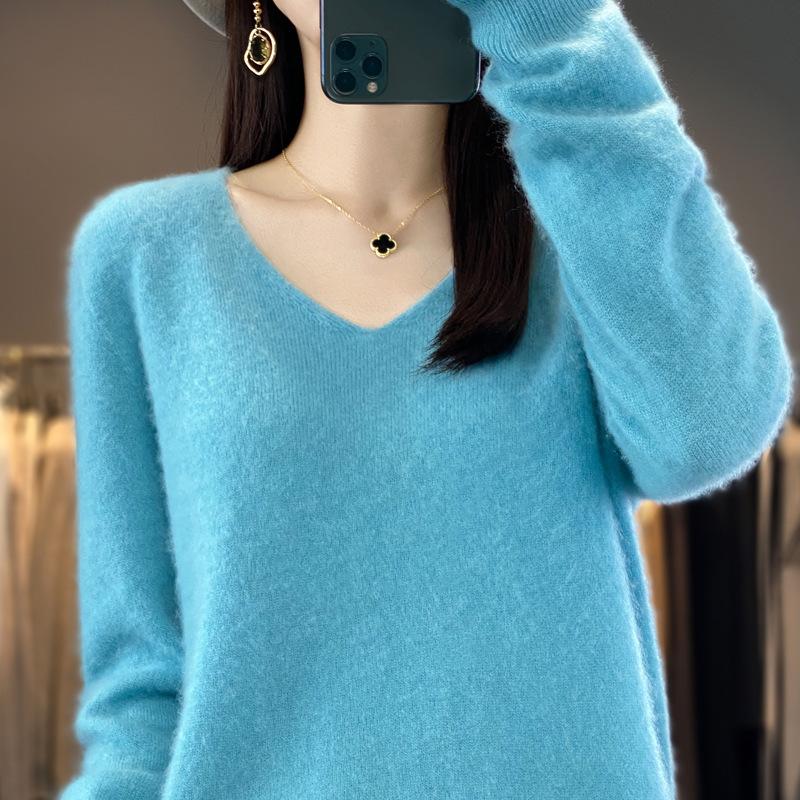 Dámský svetr podzim zima pletený svetr s výstřihem do V Košile s volným dnem jednobarevné měkké úplety svetry Základní svetry