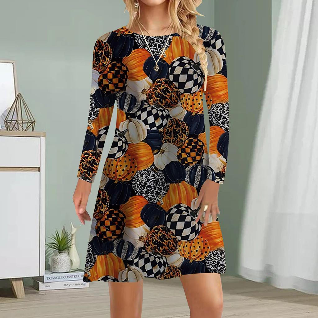 Damen Casual Dress Herbst Ghost Print Kleider für Frauen O-Ausschnitt Kurzarm Kleid Plus Size